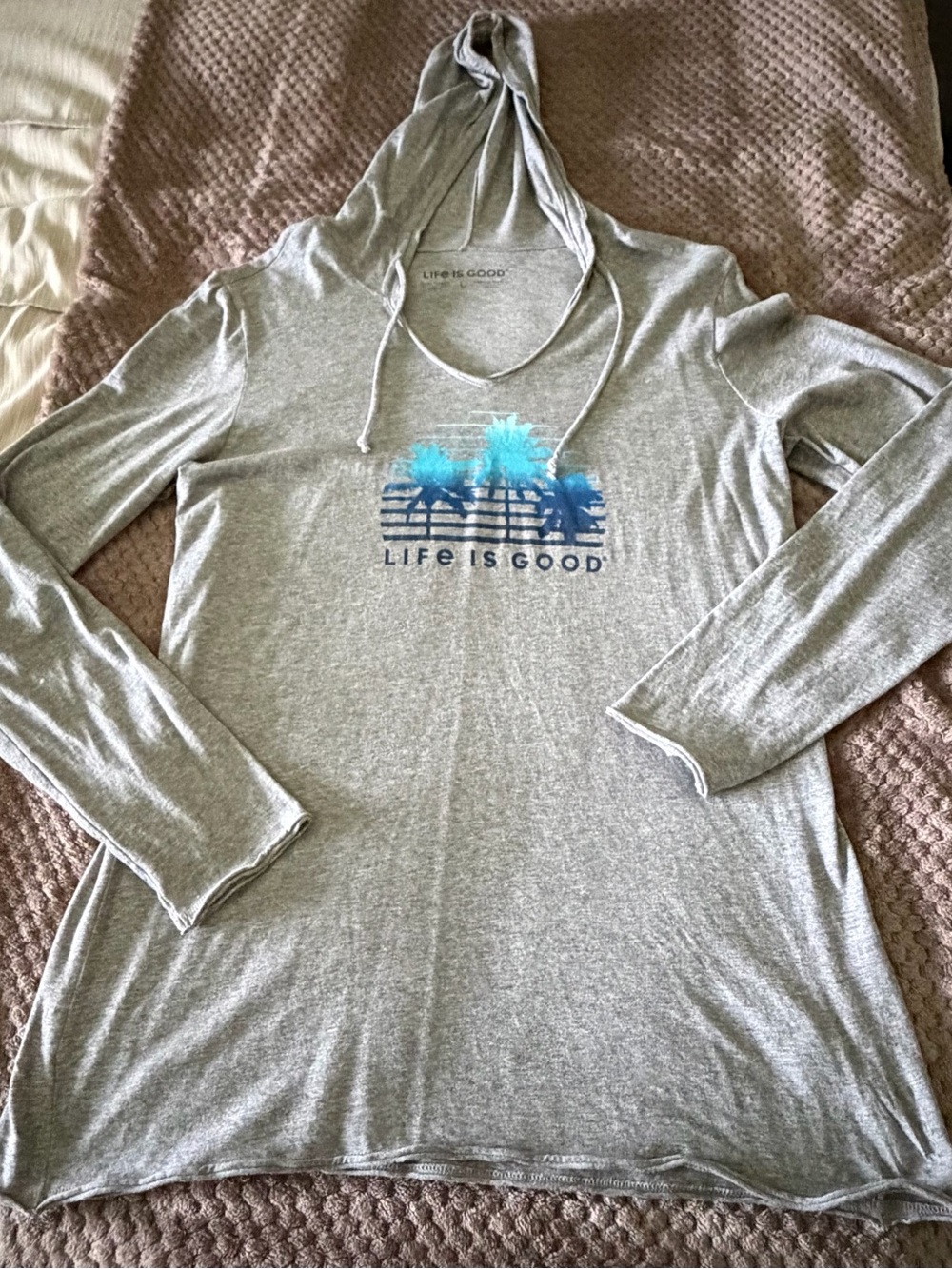 Life Is Good Gray Hoodie Tee with Blue Palm Graphic
